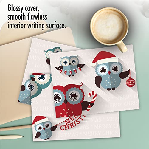 Image of The Best Card Company - 10 Blank Merry Christmas Note Cards (4 x 5.12 Inch) - Boxed Holiday Notecards with Envelopes - Happy Owlidays M3947