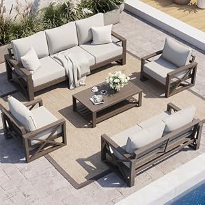 UDPATIO Aluminum Outdoor Patio Furniture Set Faux Wood Grain 5 Pcs Beige