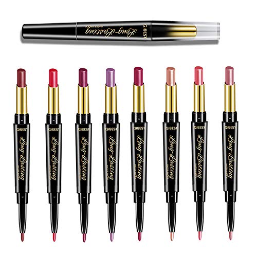 8 Pcs Dual Heads Matte Moist Lipstick Long Lasting Waterproof Mate Lip Liner Pencil Set (AELLK)