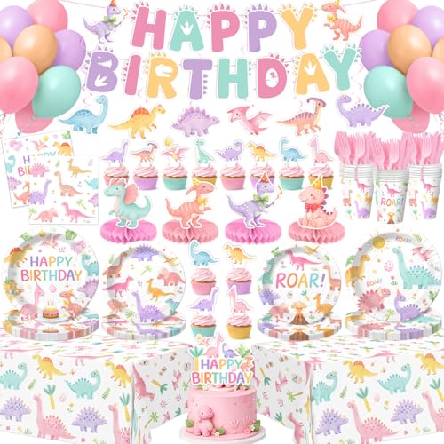 200 Pcs Pink Dinosaur Birthday Decorations (Serves 24) Girl Dinosaur Party Decorations Include Banner Hanging Plates Napkins Cups Forks Knifes Tablecloth Topper Balloons for Party