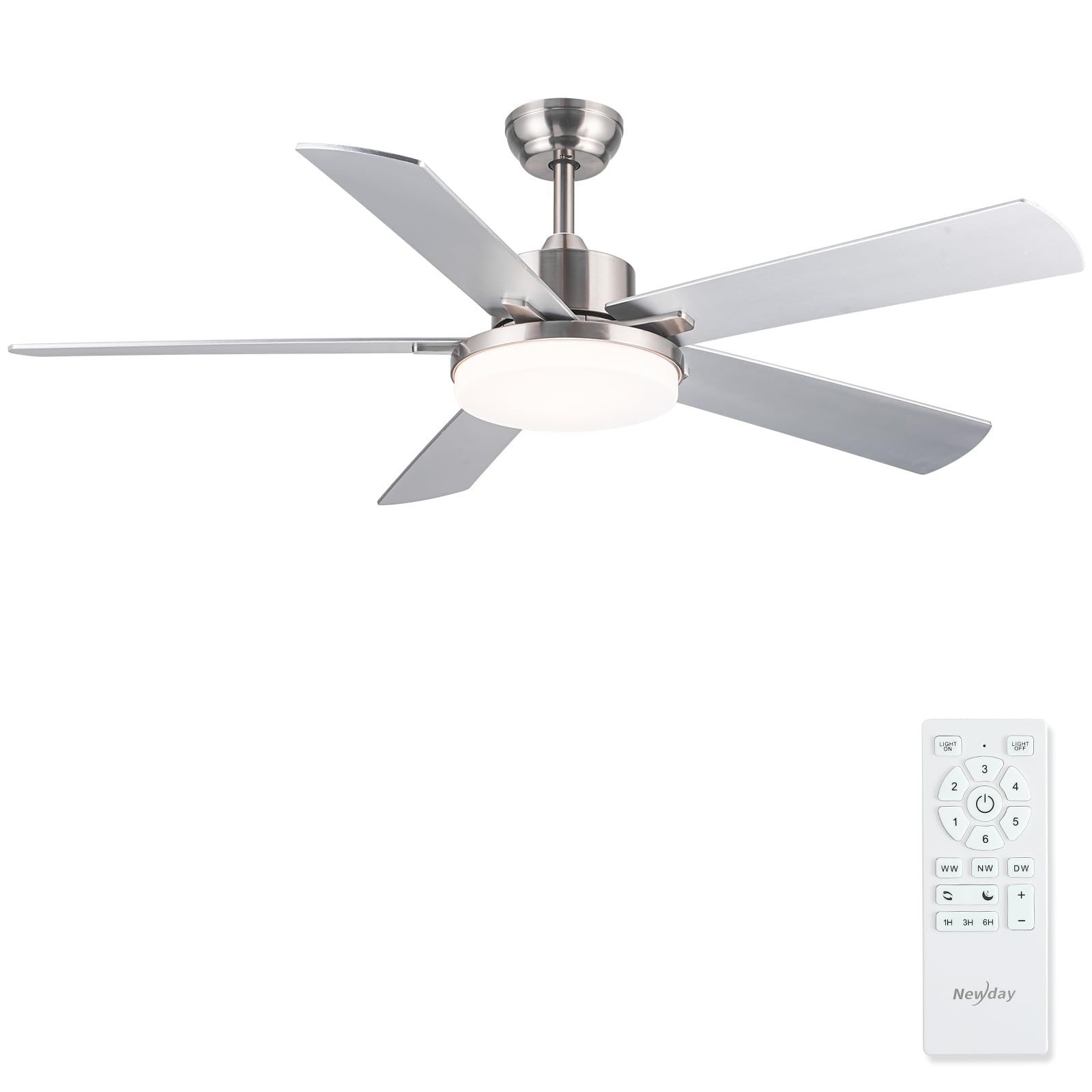 Newday 132cm Ventilador de Techo con Luz y Mando Plata, Ventilador de Techo con Lampara Regulable y 5 Aspas Grande, Motor DC Silencioso, 6 Velocidades, Patrones de Sueño para Dormitorio Terraza Salon