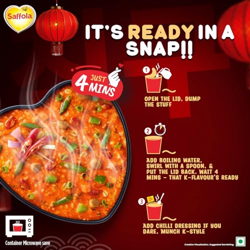 Image of Saffola Korean Cuppa Oats, Fiery Hot, with chilli dressing sachet, No added preservatives, Ready in 4 mins, 56g (Pack of 2)