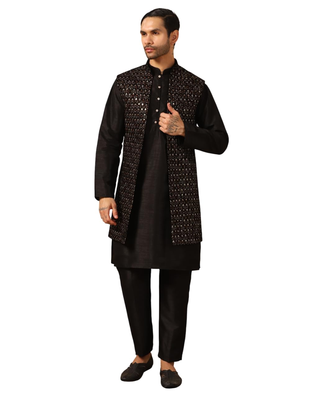 Sherwani Set for Men Wedding - Stylish Black Kurta Pajama with Embroidered Open Jacket for Dulha Attire-image-44
