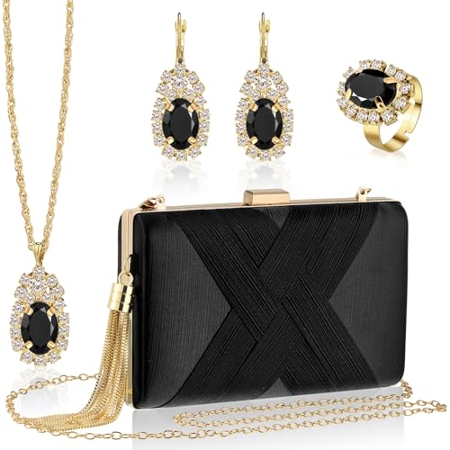 Quelay 4 Pcs Women Satin Clutch Purse Handbag Evening Bag for Wedding Banquet Vintage Rhinestone Necklace Earring Jewelry Set(Classic Black)
