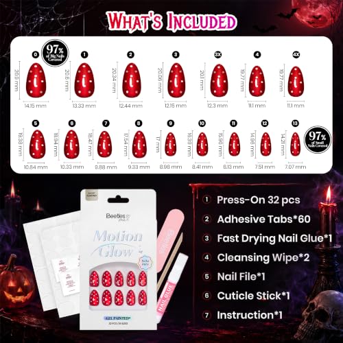 Image of Beetles Red Press On Nails Short Almond, Halloween Cat Eye Polka Dot | 32 PCS 16 Sizes False Nails, Glue & Adhesive Tabs Included, Salon-style Manicure in 10 Minutes, All-in-One Complete Kit