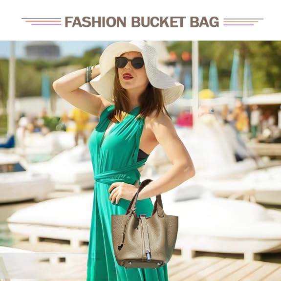 Genuine Leather Bucket Bag for Women, Lock Design Vegetable Basket Bucket Purses for women, Wome’s Handbag4