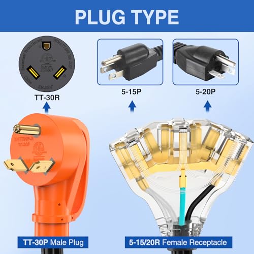 Image of Nilight 30 Amp to 110V RV Adapter Cord 30 A to 15A RV Distribution Adapter Cord 3 Prong TT-30P Male to 3X 5-15R /5-20R Female ETL Listed for RV Camper Generator Household Outlet