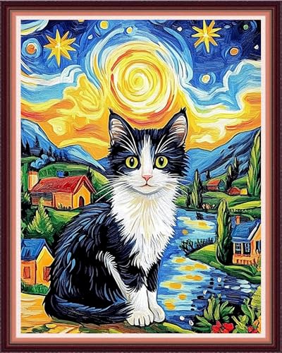 Image of Funxvoot Stamped Cross Stitch Kits for Beginners or Adults Embroidery Starter Patterns | DIY Printed Cross Stitch Kits Needlepoint for Adults or Kids 11CT-Starry Sky Cat 16x20 inch
