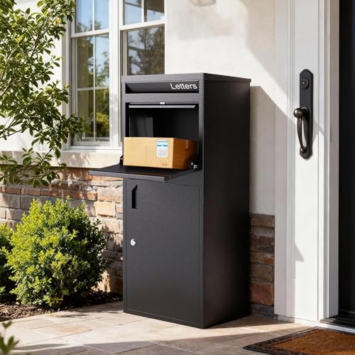 Image of Merapi Parcel Drop Boxes for Outside, 16.3 inch *15.2 inch* 40.4 inch Cold-Rolled Steel Delivery Box for Packages, Anti-Theft Lockable Package Delivery Boxes for Outside, Porch, House, Curbside, Black-BD