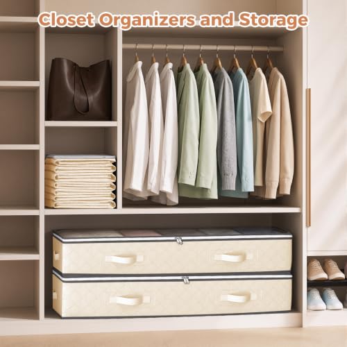 Image of Budding Joy 6 Pack 90L Under Bed Storage Containers Beige | Clothes storage bins foldable storage bags with clear window for blanket, comforter, sweaters, pillows, wrapping paper