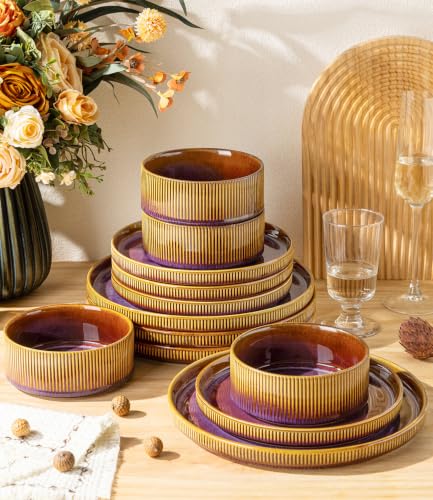 Image of TheTerra Ceramic Dinnerware Sets for 4, 12 Pieces Porcelain Lightweight Plates and Bowls Sets, Scratch Resistant Dish Set, Oven & Microwave & Dishwasher Safe, Amber Amethyst