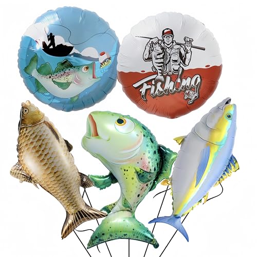 5Pcs Fishing Balloons Set for O-fishally One Fishing Birthday Party/Fish Bobber Fishing Rod Balloons Gone Fishing Birthday Little Fisherman Fathers Day Party Fishing Tournament Party Decor