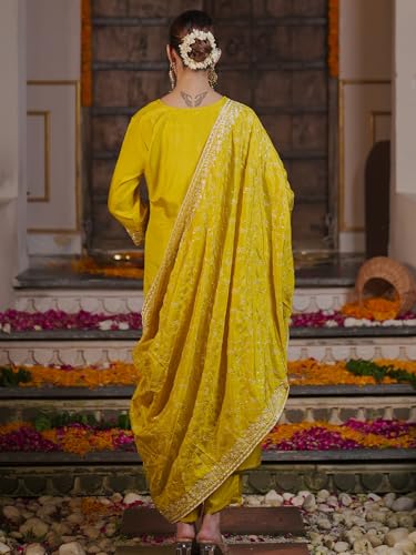 Image of INDO ERA Women's Embroidered Silk Blend Calf Length Straight Kurta Pant And Dupatta Set (KH9MR6194)