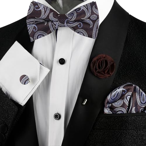 Image of Alizeal Mens 4pcs Vintage Paisley Bow Tie Set | Pre-tied Pocket Square Cufflinks Boutonniere for Wedding Everyday Use