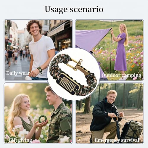 Patriotic Paracord Survival Bracelet for Men - Bronze US Flag Pendant Tactical Gear with Multi-Tool Functions, Adjustable Size (12-25cm), Green Camo Gold Thread Design - Image 5