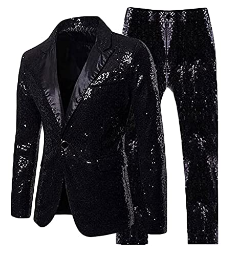 Mi Bo Tong 2 PC Sequined Mens Suit One Button Jacket Pants Wedding Suit Groomsmen Tuxedos Prom Suit