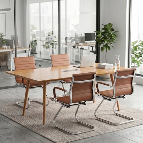 Image of HNY Leather Office Guest & Reception Chairs Set of 2, Modern Waiting Room Chairs with Arms, Desk Chair no Wheels with Sled Base for Conference Room, Coffee