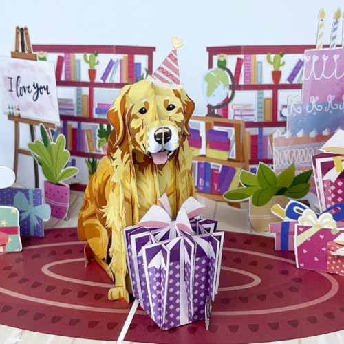 Carte d'anniversaire amusante avec pop-up 3D de Golden Retriever et enveloppe cadeau