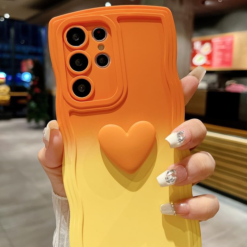 for Samsung S25 Ultra Gradient Wavy Case with Wrist Strap Lanyard Cute Love Heart Curly Wave Frame Design Solid Color Soft Silicone Shockproof Cover
