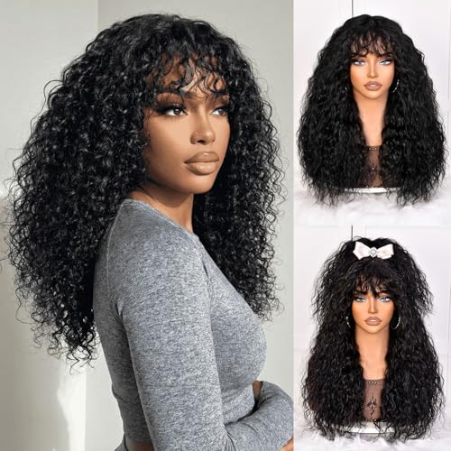 Annivia Curly Wig human hair for Black Women 200 Density Long Curly Wig with Bangs 100% Human Hair Black wigs for Daily 22Inch