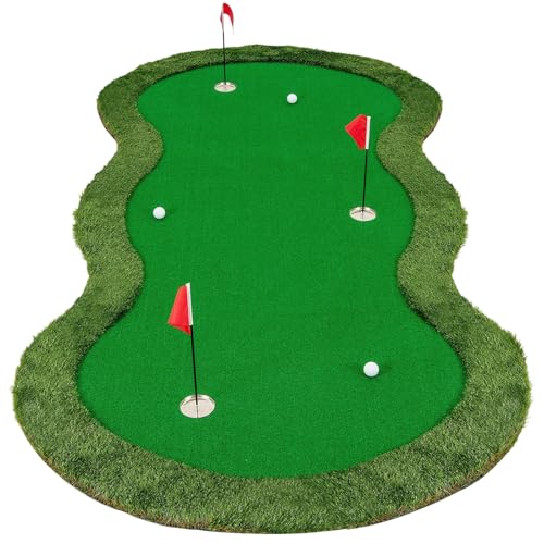 COSTWAY Alfombra de Putting de Golf, 300 X 150 CM, 3 Hoyos, 3 Banderas y Tazas, Tapete de Golf, Putting Mat Interiores Exteriores