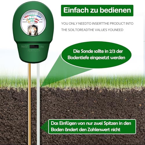 Bodentester, 2026 Neu Bodentest Messgerät 3-in-1,Bodenmessgerät für Feuchtigkeit, Licht und pH,Boden-Feuchtigkeitsmessgerät für Rasen,Garten, Balkon Blumen und Pflanzen,kein Batterien erforderlich