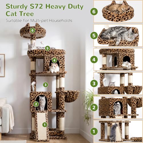 Image of Globlazer Heavy Duty Cat Trees for Large Cats, Sturdy 72in Maine Coon Cat Tree for Large Cat 20 lbs+ Heavy Duty Cat Tower for Adult Biggest Cats with 6 Scratching Posts, Hammock, S72, Leopard Print