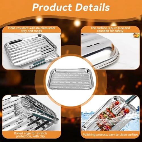 Mujiluxe grillschale,grillschalen,grillschale Edelstahl,Wiederverwendbare Grillplatten-Set aus Edelstahl beinhaltet,Set aus 3 Lochplatten 34,5x24x2cm + Zange,für Gemüse, Fleisch und Fisch (Silber)