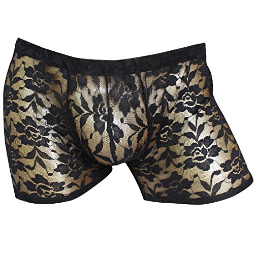 iiniim Men's Sheer Lace Floral Boxer Briefs Underwear Swim Shorts Black XL
