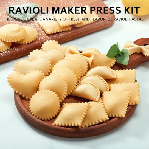 MUMSUNG Ravioli Maker Press, Ravioli Press Mold Set - Round, Heart, Square Ravioli Stamp Maker Cutter with Wood Rolling Pin, 2.6