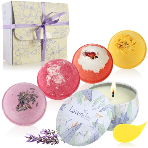 Wilhelm Sell® Juego de 5 Bombas de baño y Velas de Cera de Soja de: Set de Regalo de Bienestar para Mujeres y Hombres: Bombas de baño para Relajarse en San Valentín