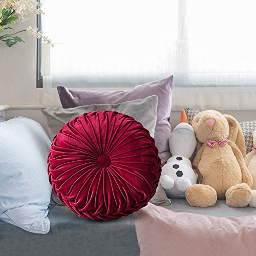 Bprtcra runde Samt-Kissen, plissiert, rundes Kissen, plissiert, gepolstert, Velours, handgefertigt für Haus, Sofa, Stuhl, Bett, Auto, 35 cm (Rot)