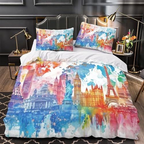 Housse de couette microfibre architecture aquarelle parure de lit 3 pièces imprimée 3D