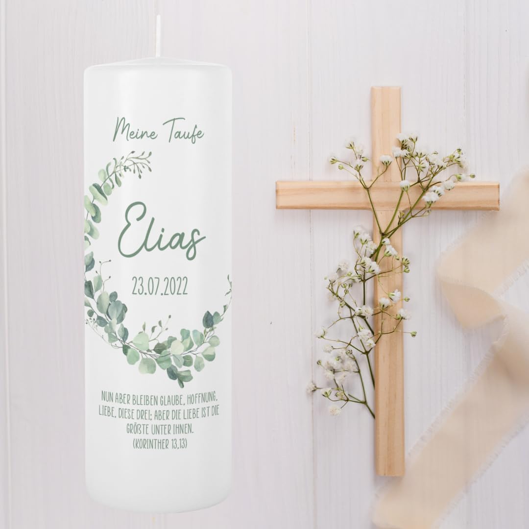 Striefchen® Taufkerze, 25 cm Höhe, verschiedene Motive, mit Ihren Wunschdaten personalisiert, Kerze zur Taufe mit Aufdruck, Stumpenkerze als Taufgeschenk, Eukalyptuszweig