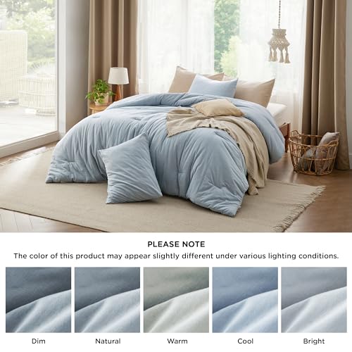 Image of Bedsure Comforter Set Queen Size - Cotton Fabric with Microfiber Inner Fill, Mineral Blue PureWoven Soft Bed Set for All Seasons, 3 Pieces, 1 Comforter (90 inch x 90 inch) and 2 Pillow Cases (20 inch x 26 inch)