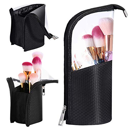 FEELMEET Makeup Brush Organzier Bag, Professional Artist Makeup Brush Sets Case Waterproof Dust-proof Makeup Brush Cup, High Capacity Portable Stand-Up Makeup Brush Holder Black