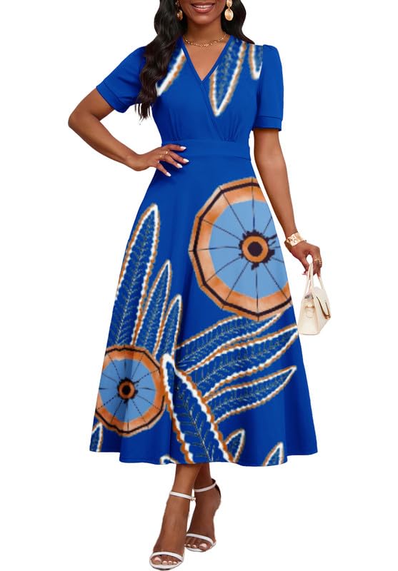 Image of MarryUP Women's Midi Dresses - V Neck Cocktail & Church Tea Dresses - Short Sleeve A-Line Swing Dress