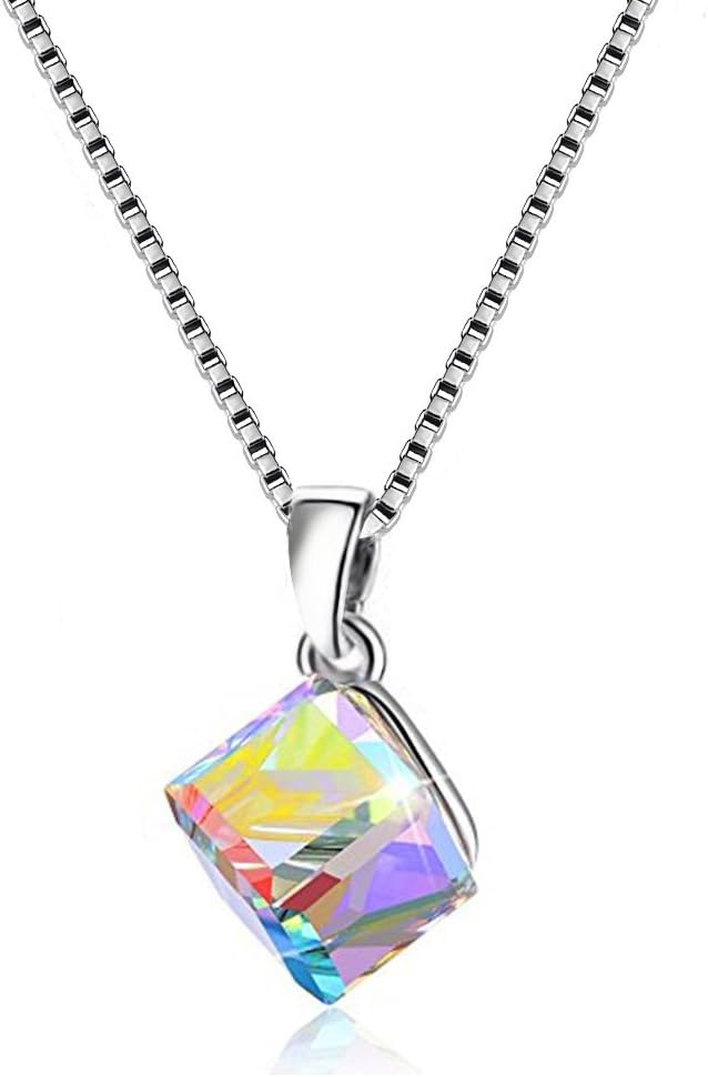 Uloveido Girl's Square Cube Authentic Austrian Crystal Hook Earrings and Rainbow Necklace Sets for Women - 925 Sterling Silver Wedding Engagement Jewelry Sets Box Packing Y418