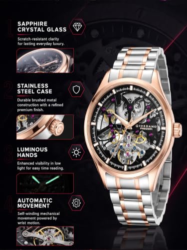 Image of Giordano Premier Fortezza Collection Automatic Watch for Men with Skeleton Round Dial, Luminous Hands and Markers, Stainless Steel Strap - GZ-50225