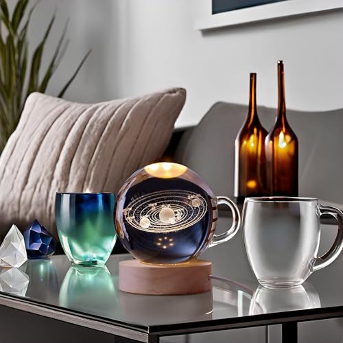 Image of 3D Crystal Ball LED Night Lamp with Wooden Base | Warm Light Bedside Table Lamp for Bedroom, Living Room, Kids Room, Study, Home Decoration & Gifting (Solar System)