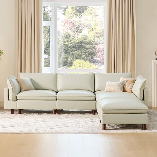 Image of CHITA 127 inch Leather Super Large Sectional Couches for Living Room, Modular Cloud Sofa, Premium Genuine Leather Sofa, Down Filled, High Density Foam, Real Leather in Cream, 5 Seat U Shaped
