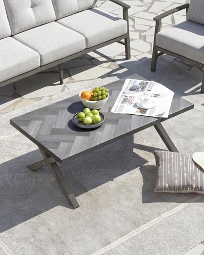 Image of Never Rusts Aluminum Outdoor Coffee Table, All-Weather Rectangle Patio Coffee Table with Resin Tabletop, Modern Outdoor Furniture Table for Patio, Poolside, Garden, Balcony, Limed Oak