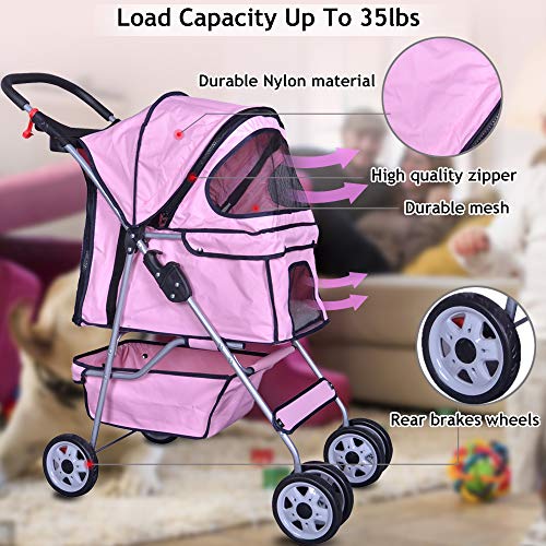 4 Wheels Pet Stroller Cat Dog Cage Stroller Travel Folding Carrier With Cup Holders And Removable Liner For Small-Medium Dog, Cat (Pink) #TOP1