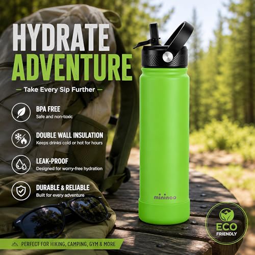Image of Mininoo 24 oz Insulated Ceramic-Lined Water Bottle with Straw, Canopy Green