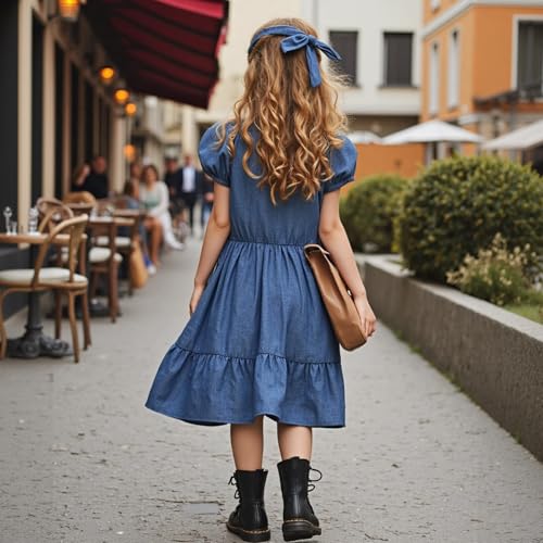 Little Bitty Girls Denim Princess Dress Navy Blue Puff Sleeves Cotton Blend Bow Ruffle Hem Cute Party Dress 2-6 Years Old4