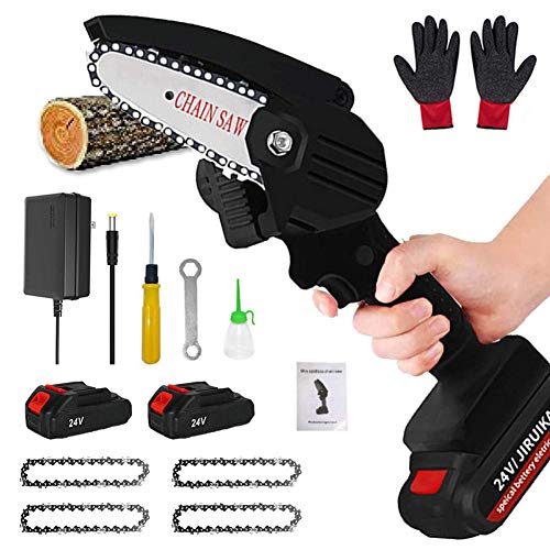 YMWD Mini Chainsaw 4-Inch Cordless Handheld Electric Portable Chain Saw with Battery 4 Chain and Splash Board 0.7kg Lightweight Pruning Shears Chainsaw for Garden Tree Branch Wood Cutting,Black