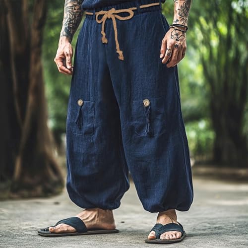 Pants for Man Fall Summer Linen Holiday Stretch Flare Wide Leg Tie Knot Plain Long Boot Cut Leg Pants Man 20252