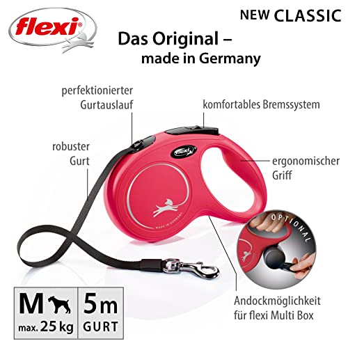 flexi® Classic M | 5m Gurt Roll-Leine für Hunde bis 25 kg | Rot | ausziehbare Hundeleine | Gewicht 274 gr | Maße 11.6 x 18.8 cm