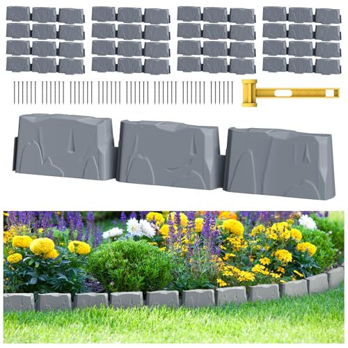 16Pcs Landscape Edging(24 Foot) with 48 Pieces 8-inch Spikes | 3 Inch Tall Faux Stone Edging for Landscaping | Faux Stone Edging Bricks for Flower Bed,Lawn,Yard,Weed Barrier(Dark Grey)