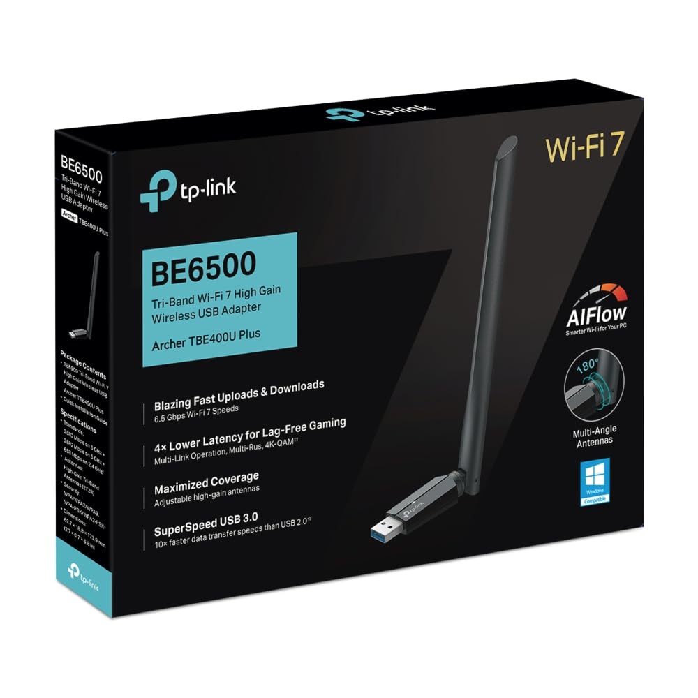 TP-Link Clé WiFi 7 BE6500 Tri-Bande USB 3.0, Archer TBE400U Plus | Bande 6 GHz, antenne haute performance, MLO, idéal gaming/streaming 8K/télétravail, compatible Windows 10 et 11